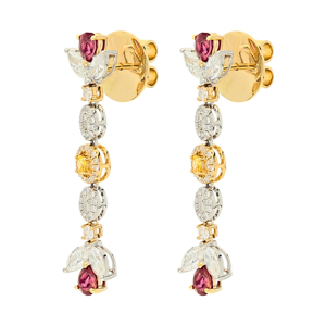 Pendientes de lujo para mujer, de oro de 18 quilates con diamantes en forma de flor, rubíes con corte de pera y diseño de gota con gemas amarillas para boda - Product Image 1