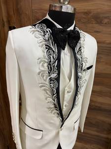 Luxury Men's White Embroidered Wedding Tuxedo Blazer – Custom Slim Fit Groom Suit <b>Jacket</b> with Black Lapel & Bow Tie - Product Image 4