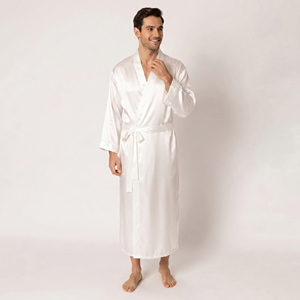 Bata de satén de seda blanca para hombre, manga larga, informal, con cuello en V, suave, con cinturón de seda, para dormir - Product Image 2