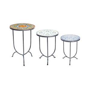 Ensemble de tables d'appoint rondes en mosaïque métallique, support de plantes d'extérieur, décoration de patio vintage marocaine - Product Image 2