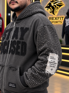 Sweat à capuche unisexe personnalisé avec fermeture éclair, style streetwear oversize, manches en polaire ornées de strass, détails patch, épais, étiquette personnalisée - Product Image 2