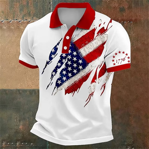 Chemises polo pour hommes avec drapeau américain, manches courtes, style athleisure, pour tous les jours, imprimées, pour le golf - Product Image 1