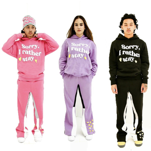 Unisex Oversized Sweatshirt Wide Leg Pants Set Casual Solid Printed 100% Cotton Loungewear Outfit Hooded Collar for Winter - Product Image 1