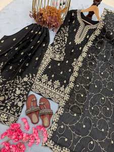 ชุดคุร์ตีผ้าไหมแท้สำหรับผู้หญิง พร้อมกางเกงพลลาซโซ่และผ้าคลุมไหล่ ประดับด้วยเลื่อม ดอริ และงานโมติ - Product Image 4