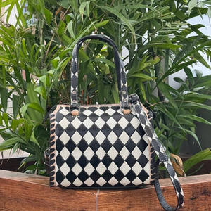 2025 Custom Checkered Design Small Duffle Bag for Women's <b>Genuine</b> Leather High Quality Mini Outdoor Overnight Duffel Handbag - Product Image 4