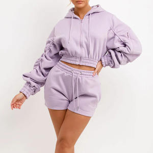 Novedad: Conjunto de Sudadera con Capucha y Cremallera de Manga Larga con Hombros Caídos y Pantalones Cortos de Algodón 100% French Terry para Mujer - Product Image 2