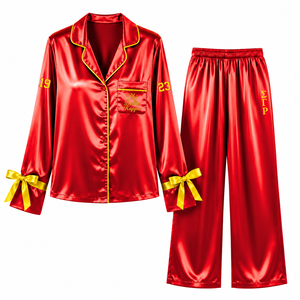 Ensemble de pyjama en satin pour femmes NSPDK, manches longues, boutonné, brodé, deux pièces, rouge avec bordure dorée, ensemble de pyjama lounge - Product Image 5