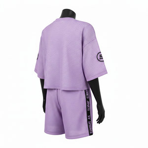 Conjunto de pantalones cortos de malla para mujer, tela de malla de poliéster transpirable, panel lateral con logo personalizado por transferencia térmica, conjuntos para mujer 100% algodón - Product Image 5