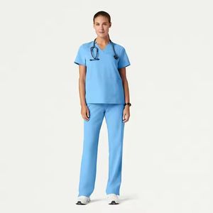 Conjunto de Uniformes Médicos Unisex de Algodón y Poliéster, Color Beige, Cuello en V, Manga Corta, con Lazo para Estetoscopio y Bolsillo para Detección de Agujas - Product Image 2