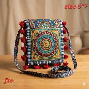 Bolso Bandolera Boho de Algodón Bordado con Patrón Geométrico Multicolor y Borlas, Estilo Banjara Royal Heritage - Product Image 1
