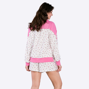 Ensemble 2 pièces imprimé floral pour femmes, avec haut à fermeture éclair et bordure rose, coupe ample décontractée, vêtements de printemps et d'été - Product Image 2