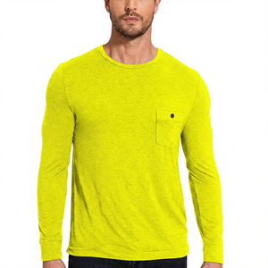 Men's Gray Long Sleeve O-Neck <b>T</b>-<b>Shirt</b> with Chest Pocket Regular Fit Casual Knitted <b>Modal</b>/Cotton Quick Dry Anti-Pilling Top - Product Image 2