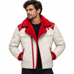 Veste de moto pour homme en cuir véritable blanc et rouge, respirante, coupe-vent, avec doublure, col rabattable, fermeture éclair, coupe régulière, pour l'hiver - Product Image 1
