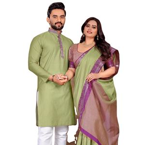 Conjunto de pareja festiva Lino Seda Recto Jeqard Tela Sari Kurt Estilo para ocasiones especiales - Product Image 2