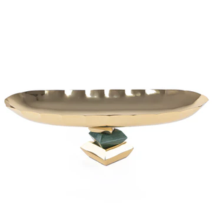 Oval Metal Cake Stand With Geometric Base Gold Finish Single Piece Display Tray - Product Image 1