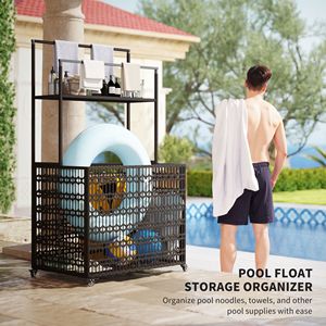 PE Rattan Wicker <b>Pool</b> Float Storage Organizer with Rolling <b>Pool</b> Caddy Floating Basket Shelf Towel Bars <b>Pool</b> Tools & <b>Accessories</b> - Product Image 4