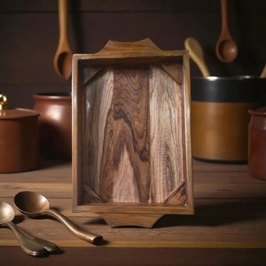 Multi-Purpose Wooden <b>Serving</b> Tray Handle Function for Snacks <b>Beverages</b>-Bohemian Design Wedding Diwali Dining Table Kitchen Use - Product Image 3