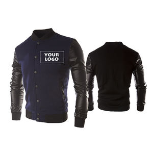 Custom Your Logo Pu Leather Sleeve Hombres Patchwork Chaqueta de béisbol Invierno Otoño Hombre Abrigo al aire libre Streetwear-Negro, 2XL - Product Image 1