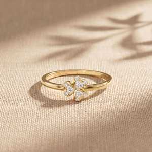 Floral Heart & Round Cut Diamond Minimalist Ring Lab Grown 14K Yellow Gold Engagement Party Surprise <b>Gift</b> For <b>Bride</b> - Product Image 1