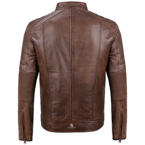 Chaqueta de Cuero Marrón Retro para Hombre, Cuello Alto, Cierre de Cremallera, Resistente al Viento, Estilo Motero, para Otoño e Invierno - Product Image 6