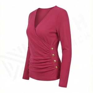 Camiseta de mujer sexy de lona sólida con ojales y botones, plisada lateralmente, cuello en V, estilo coreano, ajustada, manga larga, color personalizado, para primavera - Product Image 3