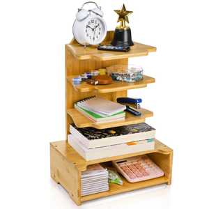 Organizador de Escritorio de Bambú de Múltiples Niveles, Estante de Almacenamiento de Oficina de Madera, Soporte de Exhibición de Papelería de 4 Capas, Estante de Papelería para Decoración de Escritorio - Product Image 1