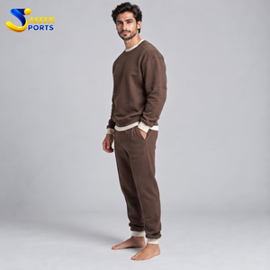 Ensemble de survêtement pour homme en coton marron à double couche, col rond, manches longues, couleur unie, sweat-shirt et pantalon décontractés avec poches latérales - Product Image 5