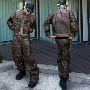 Conjunto de Ropa Urbana de Cuero Repujado para Hombre, Chaqueta Larga y Pantalones con Estampado Floral, Corte Holgado, Ropa de Invierno - Product Image 1