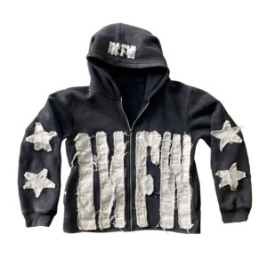 Men's zip up hoodies distressed patches <b>stars</b> <b>design</b> oversized streetwear vintage heavy cotton premium urban fit hoodies - Product Image 3