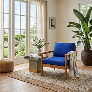 Sillón de Madera de Teca Sólida con Cojín Azul Rey, Hecho a Mano, para Sala de Estar, Silla Individual Moderna para Patio o Terraza - Product Image 5