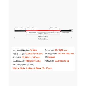 Bilanciere da 6FT con impugnatura zigrinata per allenamento di forza, sollevamento pesi, squat, stacchi, compatibile con dischi da 2 pollici - Product Image 3