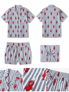 Grey Stripes <b>Crab</b> Print Hand Block Night Suit Set Women Short Sleeve Shirt Shorts Casual Handmade Cotton Masterpiece Sleepwear - Product Image 6