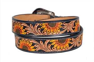 Ceinture en cuir western de qualité supérieure avec motif tournesol, boucle argentée, design floral peint à la main, boucle amovible - Product Image 2