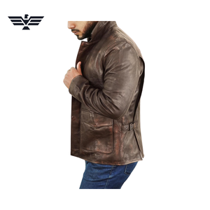 Blouson moto homme en cuir véritable marron, coupe ajustée, respirant, col montant, fermeture éclair, couleur unie, doublure coton, idéal pour l'automne - Product Image 5