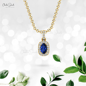 <b>Solid</b> 14k <b>Gold</b> Natural 7x5mm Oval Cut Blue Sapphire <b>Pendant</b> with Diamond Halo Handmade Statement Jewelry for Women Free Delivery - Product Image 6