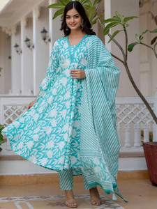 Women's Floral Digital Print Quick Dry Blue Cotton Kurta Set <b>Trousers</b> Regular Fit Knee-Length Traditional <b>Indian</b> Pakistani Wear - Product Image 1