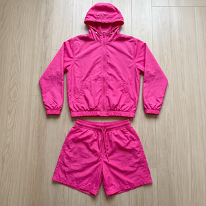 Men's Summer 2 Piece <b>Hooded</b> Jacket and Shorts Set Breathable Woven Activewear <b>Zip</b> Front Crinkled Windbreaker Training - Product Image 1
