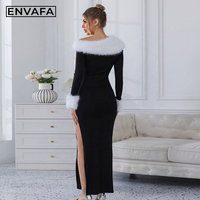 Robe longue tissée sur mesure pour femme, éco-responsable, avec patchwork en fourrure, col diagonal élégant et manches longues