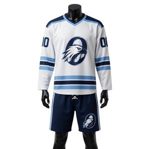 Ensemble short et maillot de hockey sur glace sublimé blanc et bleu pour homme, en polyester, col en V, uniforme sportif, tenue d'équipe, vêtements d'entraînement - Product Image 1