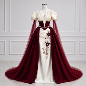Robe de mariée de luxe en satin bordeaux ivoire, coupe épaule, taille naturelle, longueur ras du sol, traîne balayante, broderie florale - Product Image 1