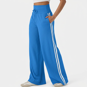 Pantalones de chándal acanalados de pierna ancha con cintura alta, cordón y rayas laterales, para mujer, informales, de largo completo, color liso, transpirables - Product Image 5