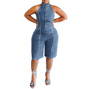 Combinaison en jean pour femme, couleur unie, fermeture éclair sur le devant, coupe ajustée, tenue de club d'été - Product Image 3