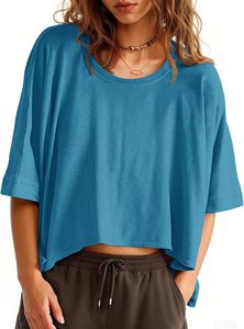 Camiseta Corta Oversize para Mujer, Manga Corta, Cuello Redondo, Color Sólido, Corte Holgado, 100% Algodón Jersey, Casual, Primavera Verano - Product Image 4