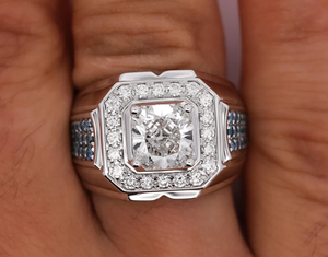 Bague de cocktail géométrique pour homme avec diamant taille princesse serti pavé, pierres bleues, plaqué rhodium, argent 925 - Product Image 4