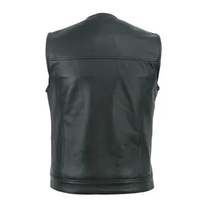 <b>Men</b>’s Club Style Black Leather Vest Collarless Motorcycle Biker Waistcoat with Sleek Minimal Design & Front Dual Closure - Product Image 2