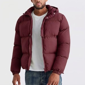 Men's <b>Burgundy</b> Hooded <b>Puffer</b> <b>Jacket</b> Zipper Closure Windproof Winter Outerwear Casual Regular Fit Solid Color Thick Polyester - Product Image 1
