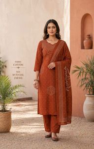 Designer Beautiful Bandhani Print With Intricate Neck Detailing Premium Cotton <b>Kurti</b> With Pant And Dupatta Set - Product Image 3