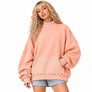 Women Mockneck <b>Sweat</b> <b>Top</b> Polka Dot Collar Design Polka Dot Bottom Cuff Detail Relaxed Oversized Fit Modern Long Sleeve Apparel - Product Image 2