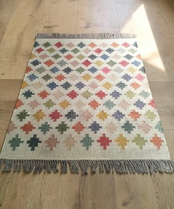 Handmade Wool Flat Weave <b>Thin</b> Low Pile <b>Rug</b> Colorful Diamond Pattern Dhurrie Kilim with Tassels for Modern Interiors - Product Image 1