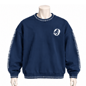 Mens <b>Navy</b> Blue Stitched Border Distressed Crewneck Sweatshirt Oversized Long Sleeve Pullover Vintage Streetwear Casual <b>Top</b> - Product Image 1
